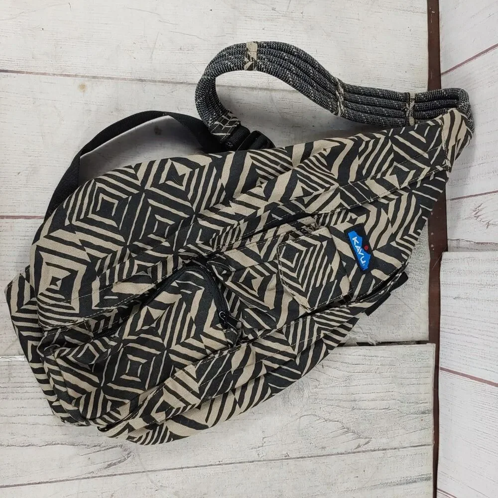 Kavu Crossbody Backpack Unisex Geometric Sling Rope Bag Canvas Beige Black USED